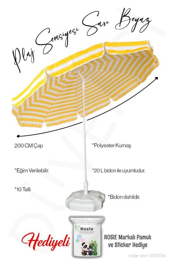 Plaj Şemsiyesi 10 Telli Sarı Beyaz Renk 200 CM Çap BİDONLU Eğim Verilir ve rosie hediye - Image 1