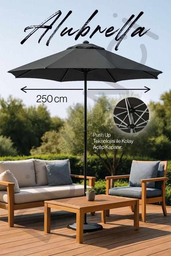 Yuvarlak Güneş Şemsiyesi Alubrella Antrasit Renk 250 CM Çap Bidonlu - Image 1