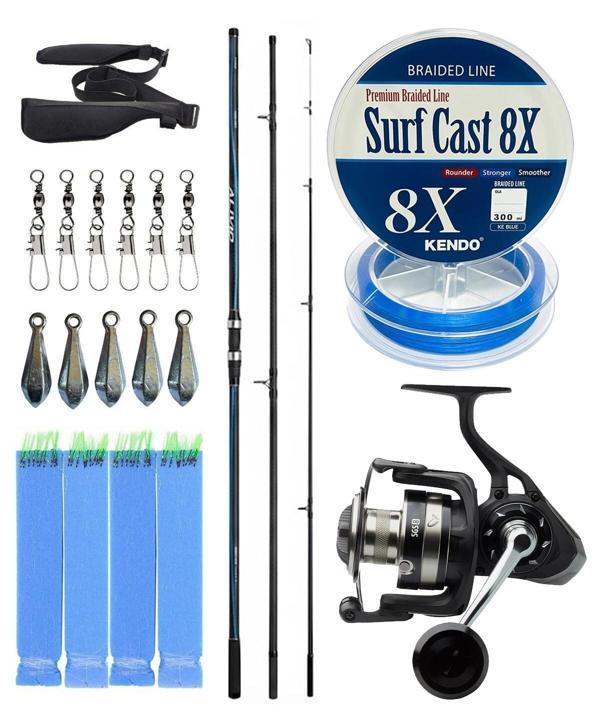 YekOutdoor Profesyonel Olta Seti Shimano Kamış Alivio Surf T 450 BX-G 4,50m 225g 3pc&Savage Gear SGS8 8000 FD Olta Makin - Image 1