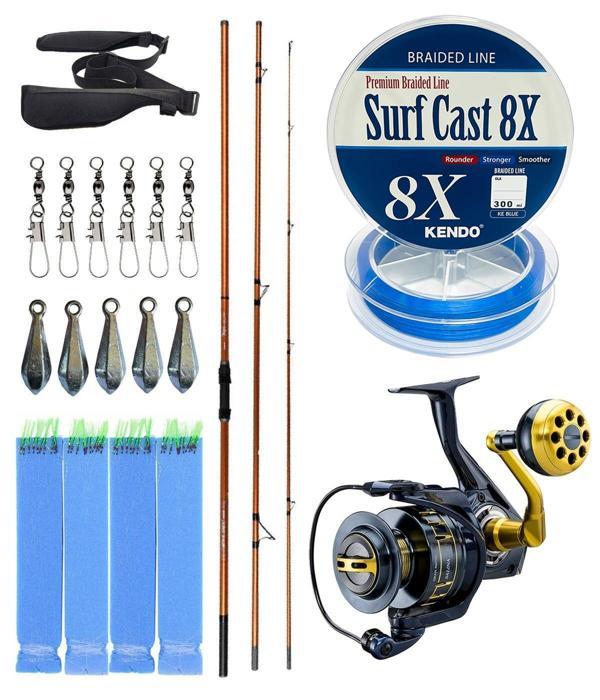 YekOutdoor Profesyonel Olta Seti Okuma Trio Rex Surf 450cm 120-250 gr 3 Parça Surf Kamışı&Okuma Salina SA-6000HA Blue 6+ - Image 1