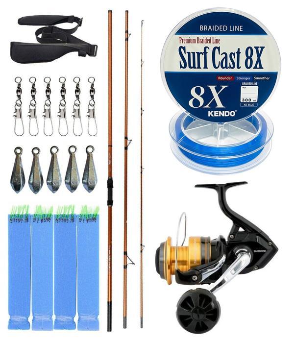 YekOutdoor Profesyonel Olta Seti Okuma Trio Rex Surf 420cm 120-250 gr 3 Parça Surf Kamışı&Shimano Makina Socorro 6000 SW - Image 1