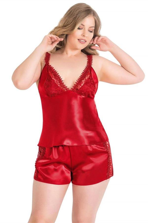 Büyük Beden Kırmızı Saten Babydoll Şort Takımı - Image 1