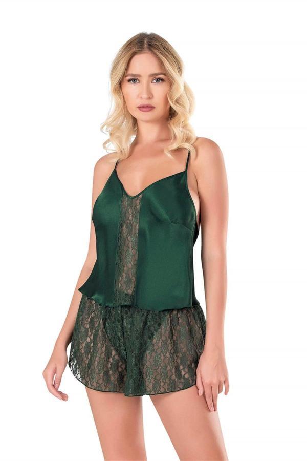 Koyu Yeşil Saten Babydoll Şort Takımı - Image 1
