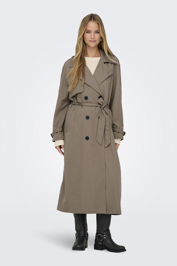 Only Onlchloe Straight Fit Kruvaze Yaka Midi Boy Kemerli Bayan Trençkot 15242306 VİZON - Image 1