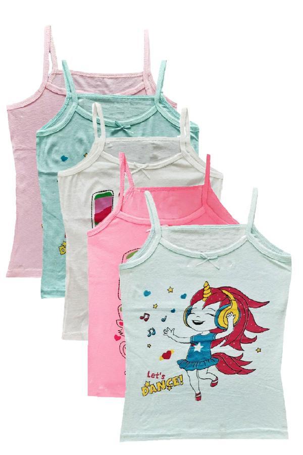 6lı Kız Çocuk İp Askılı Baskılı Düz Renk Atlet Pamuklu Renkli Sdf - Image 1