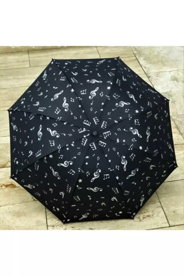 Müzik Notalı Siyah Şemsiye -3 Katlamalı / Manuel- - Image 1
