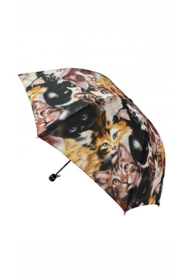 Kedi Desenli 8 Telli Manuel Rüzgara Dayanıklı Şemsiye - Image 1