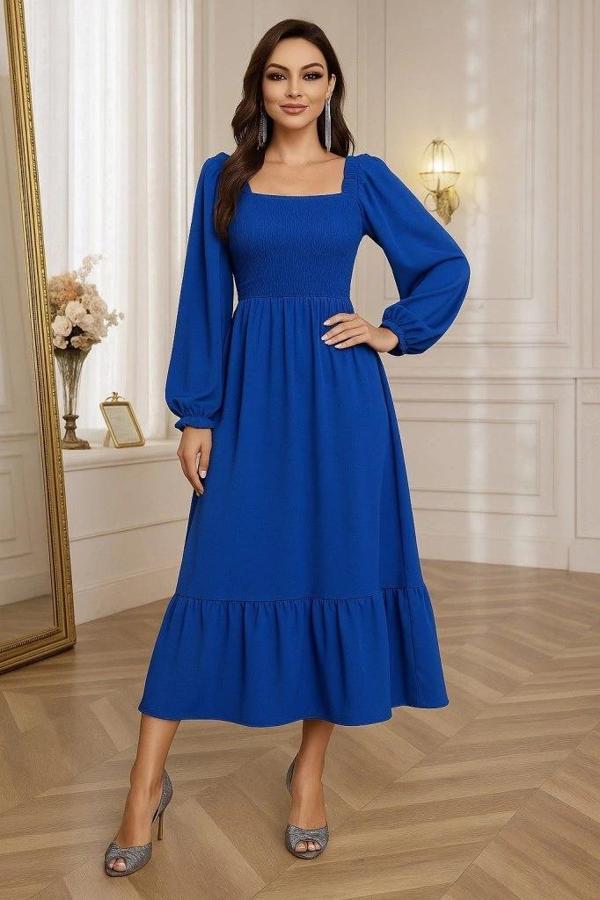 MDB Kadın Uzun Kollu Kare Yakalı Gipeli Uzun Trikoton Elbise - Image 1