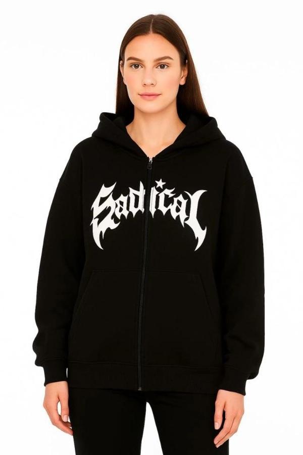 MDB Oversize Kapüşonlu weatshirt  Hoodie 3 İplik Şardonlu Pamuklu Kumaş, Önü Baskılı, Fermuarlı Raha - Image 1