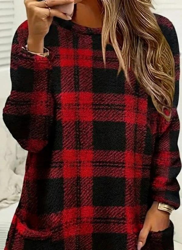 MDB Kadın Uzun Kollu Yarı Balıkçı Yakalı Cep Detaylı Ekoseli Dokuma Tunik - Image 1