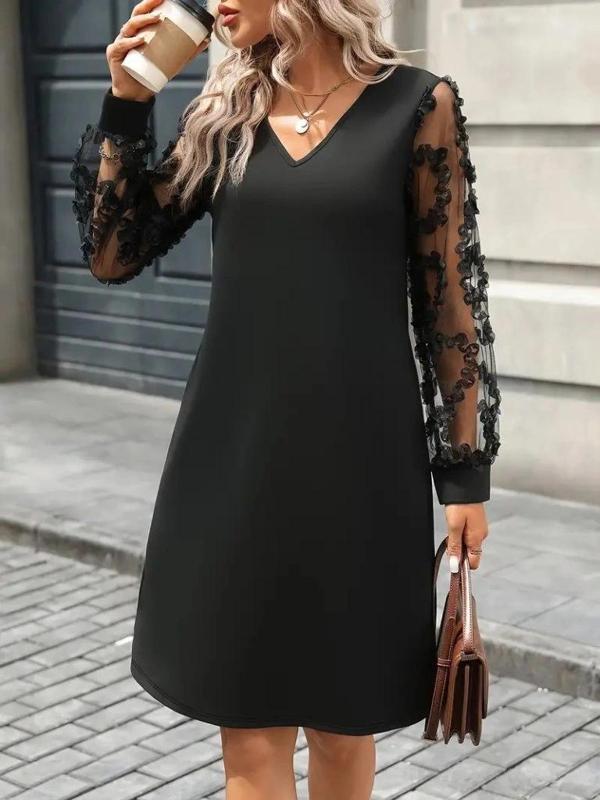 MDB Kadın Uzun Kollu V Yakalı Tüllü Kısa Ithal Krep Mini Elbise - Image 1