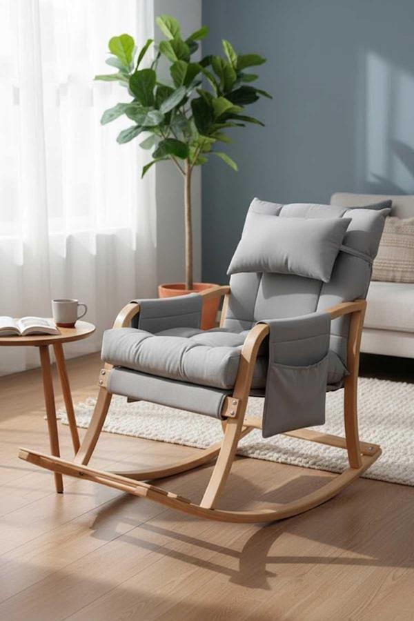 Reyo Paşa Ahşap Sallanan Sandalye, Boyun Yastıklı Çıkartılabilir Kılıflı Minderli Dinlenme Koltuğu E - Image 1