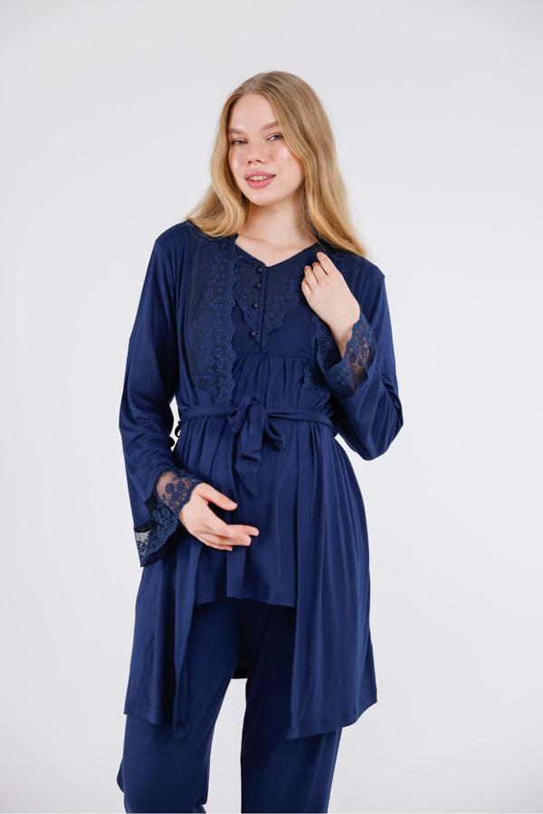 Lohusa Dünyası Kadın Lacivert Kol Ve Yaka Dantelli Lohusa Hamile Sabahlıklı 3'Lü Pijama Takım Set - Image 1