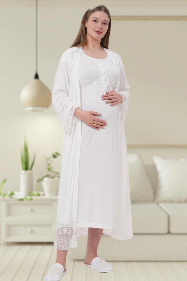 Lohusa Dünyası Kadın Şal Yaka Dantel Detaylı Lohusa Hamile Gecelik Sabahlık Takım - Image 1