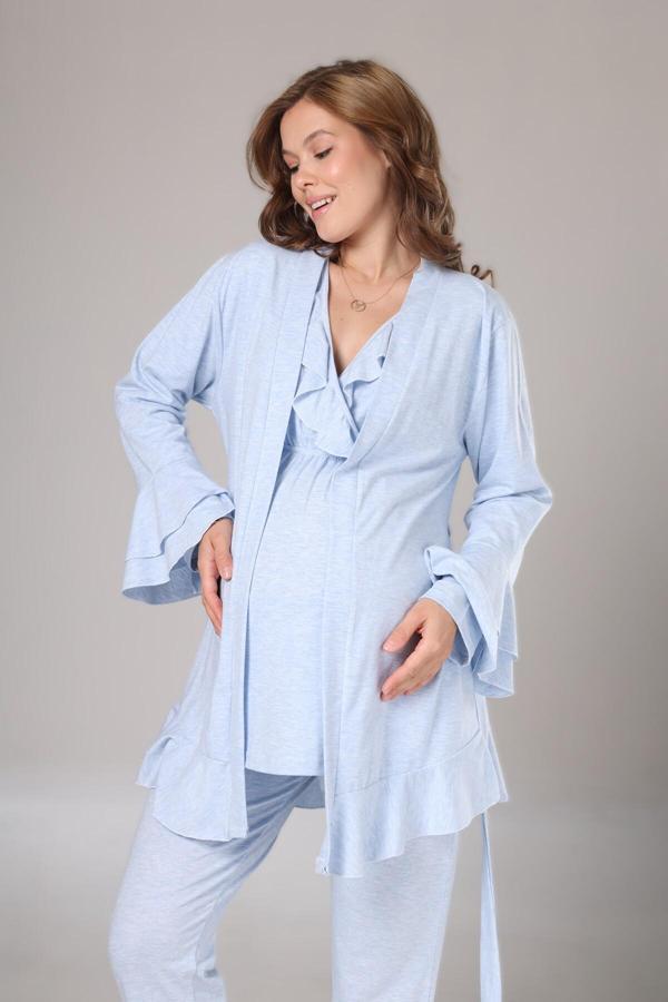 Lohusa Dünyası İ Kadın Mavi Kruvaze Pamuklu Uzun Kol Lohusa Hamile 3'Lü Pijama Takım Set - Image 1