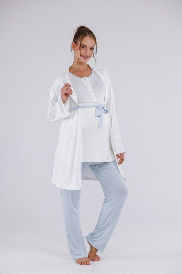 Lohusa Dünyası Kadın Mavi Şal Yaka Pamuklu Lohusa Hamile Sabahlıklı 3'Lü Pijama Takım Set - Image 1