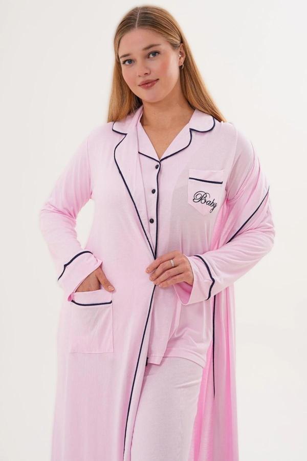 Pelin Kadın Uzun Sabahlıklı Biyeli Cepli Önden Dügmeli Lohusa Hamile 3'Lü Pijama Takımı - Image 1