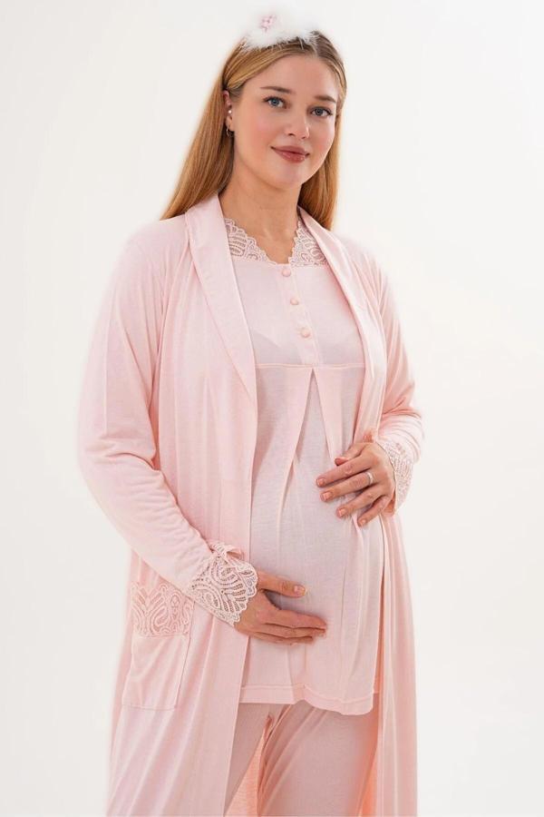 Lohusa Dünyası Kadın Şal Yaka Uzun Sabahlıklı Dantel Detaylı Lohusa Hamile Pijama Takımı - Image 1