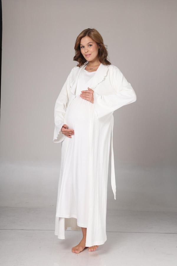 Lohusa Dünyası Kadın Ekru Jakarlı Şal Yaka Tam Boy Kışlık Uzun Kol Özel Tasarım Lohusa Hamile Sabahlık Gecelik Seti - Image 1