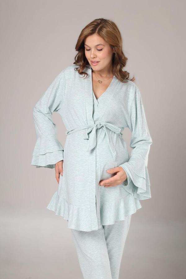 Lohusa Dünyası İ Kadın Mint Yeşili Kruvaze Pamuklu Uzun Kol Lohusa Hamile 3'Lü Pijama Takım Set - Image 1