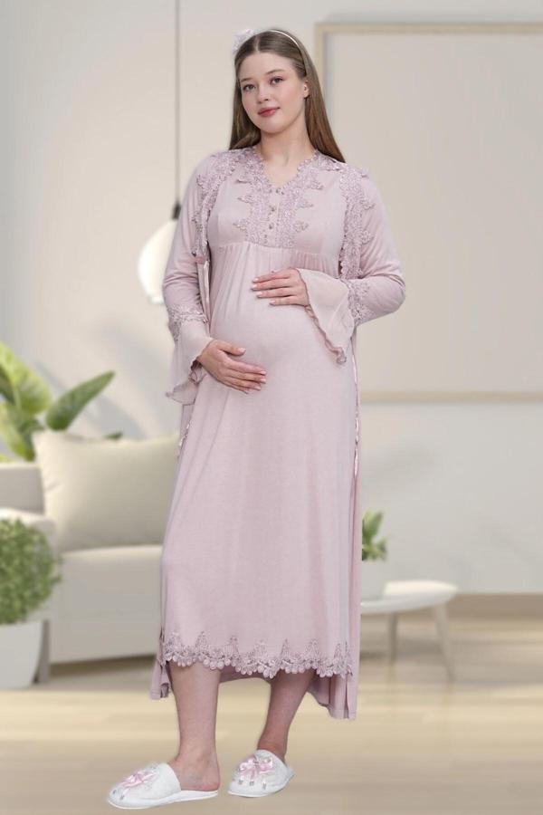 Lohusa Dünyası Kadın Dantel Detaylı Lohusa Hamile Gecelik Sababhlık Takım - Image 1