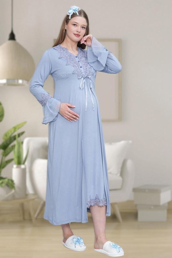 Lohusa Dünyası Kadın Dantel Detaylı Lohusa Hamile Gecelik Sababhlık Takım - Image 1