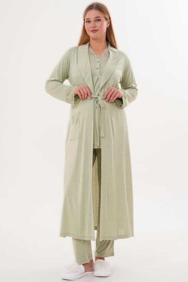 Lohusa Dünyası Kadın Şal Yaka Uzun Sabahlıklı Dantel Detaylı Lohusa Hamile Pijama Takımı - Image 1