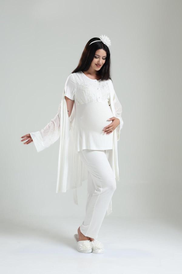 Lohusa Dünyası Kadın Dantelli Bisiklet Yaka 3'Lü Lohusa Hamile Pijama Takım Set - Image 1