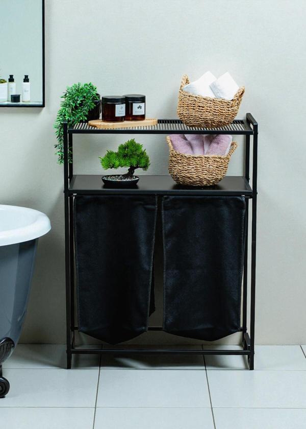 DEKORATİF KİRLİ SEPETLİ BANYO DOLABI 2 RAFLI 2 BÖLMELİ ÇAMAŞIR SEPETİ BANYO DÜZENLEYİCİ ORGANİZER - Image 1