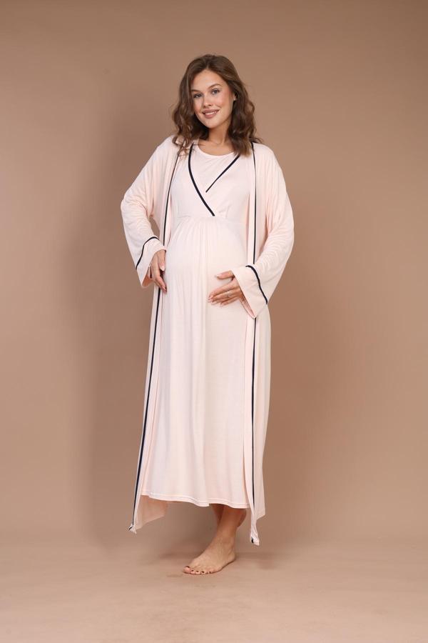 Lohusa Dünyası Kadın Uzun Sabahlıklı Cepli Biye Detaylı Lohusa Hamile Gecelik Sabahlık Takım - Image 1