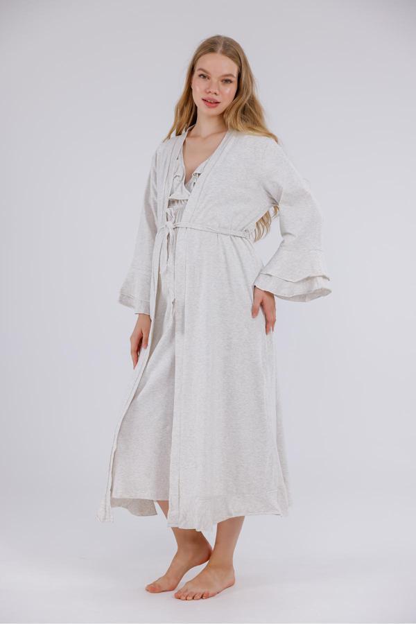 Lohusa Dünyası Kadın Lacivert Yaka Ve Kol Dantelli Lohusa Hamile Gecelik-Sabahlık 2'Li Set - Image 1