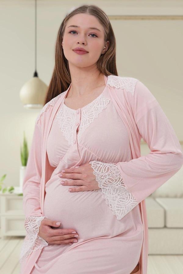 Lohusa Dünyası Kadın Ekru Dantel Detaylı Lohusa Hamile Gecelik Sabahlık Takım - Image 1