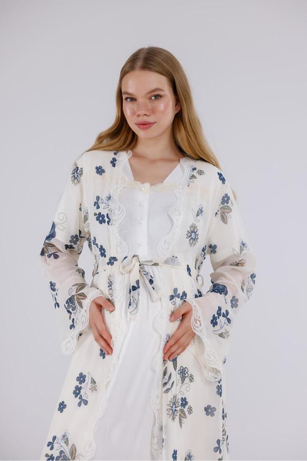 Lohusa Dünyası Kadın Ekru Çiçek Desenli Tasarım Pamuklu Tam Boy Lohusa Hamile Gecelik-Sabahlık 2'Li Set - Image 1