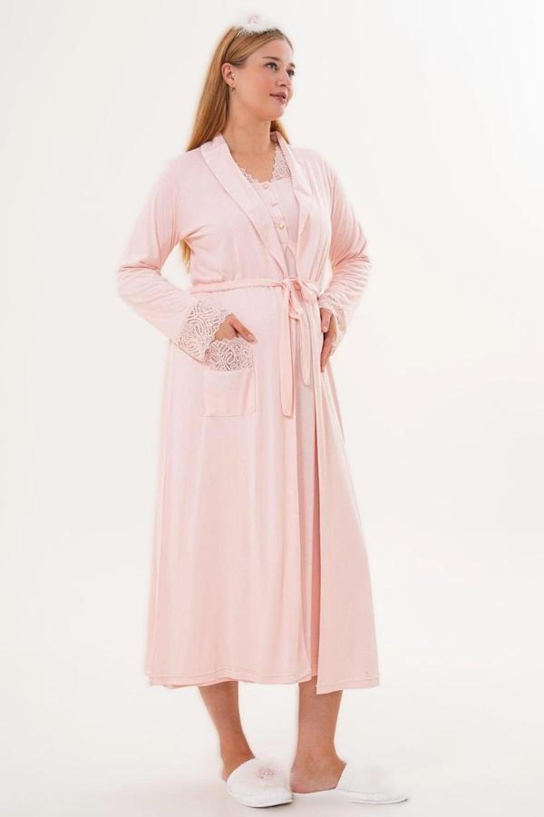 Lohusa Dünyası Kadın Şal Yaka Dantel Detaylı Uzun Sabahlıklı Lohusa Hamile Gecelik Sabahlık Takım - Image 1