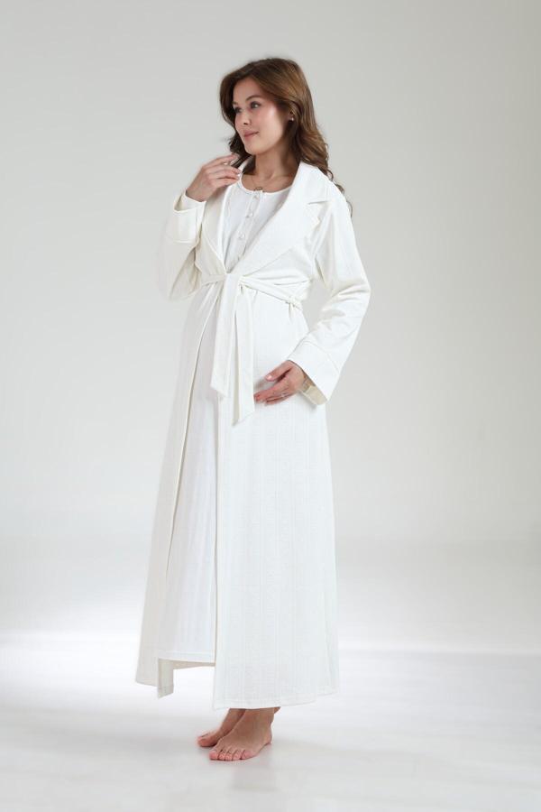Lohusa Dünyası Kadın Ekru Jakarlı Şal Yaka Tam Boy Kışlık Uzun Kol Özel Tasarım Lohusa Hamile Sabahlık Gecelik Seti - Image 1