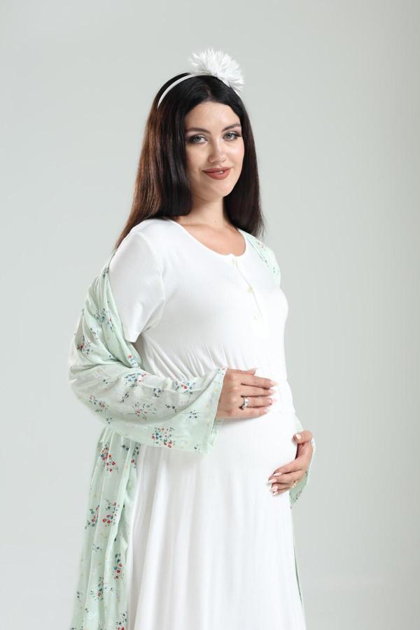 Lohusa Dünyası Kadın Çiçek Desenli Bisiklet Yaka 2'Lü Lohusa Hamile Gecelik Sabahlık Takım Seti - Image 1