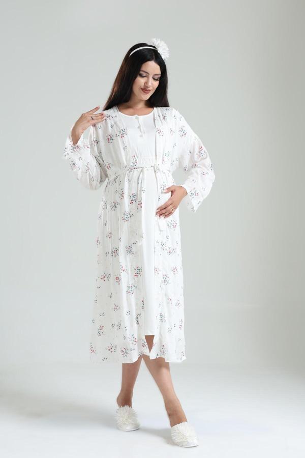 Lohusa Dünyası Kadın Çiçek Desenli Bisiklet Yaka 2'Lü Lohusa Hamile Gecelik Sabahlık Takım Seti - Image 1