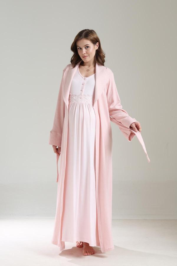 Lohusa Dünyası Kadın Gri Jakarlı Şal Yaka Tam Boy Kışlık Uzun Kol Özel Tasarım Lohusa Hamile Sabahlık Gecelik Seti - Image 1