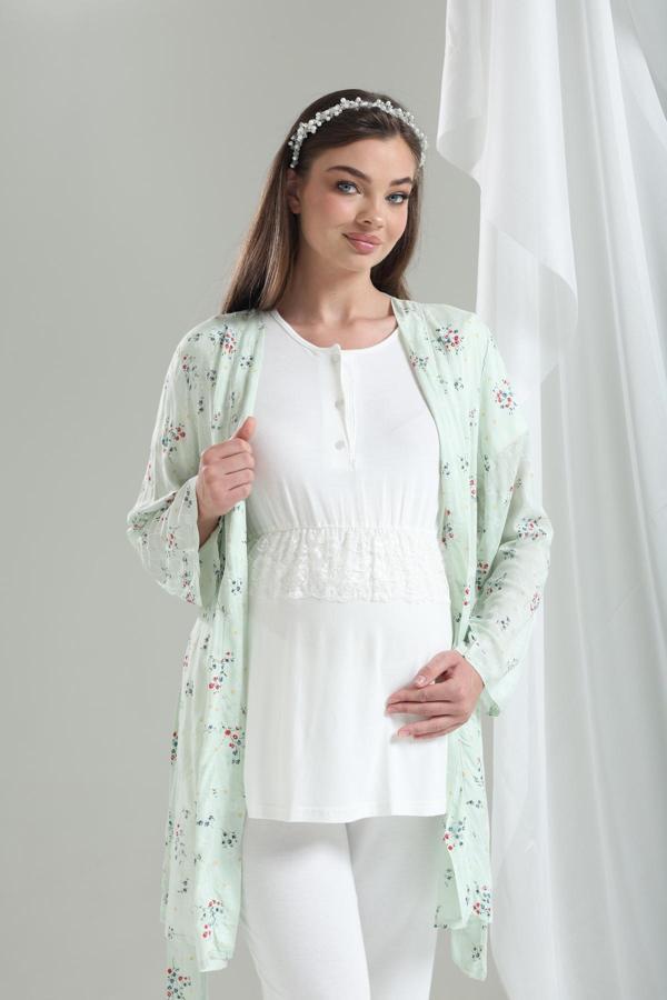 Lohusa Dünyası Kadın Çiçekli Bisiklet Yaka 3'Lü Lohusa Hamile Gecelik Sabahlık Takım - Image 1