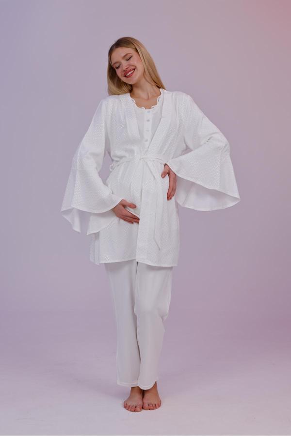 Mio Vero Kadın Jakarlı Volan Kollu Pamuklu Lohusa Hamile Sabahlıklı 3'Lü Pijama Takım Set - Image 1