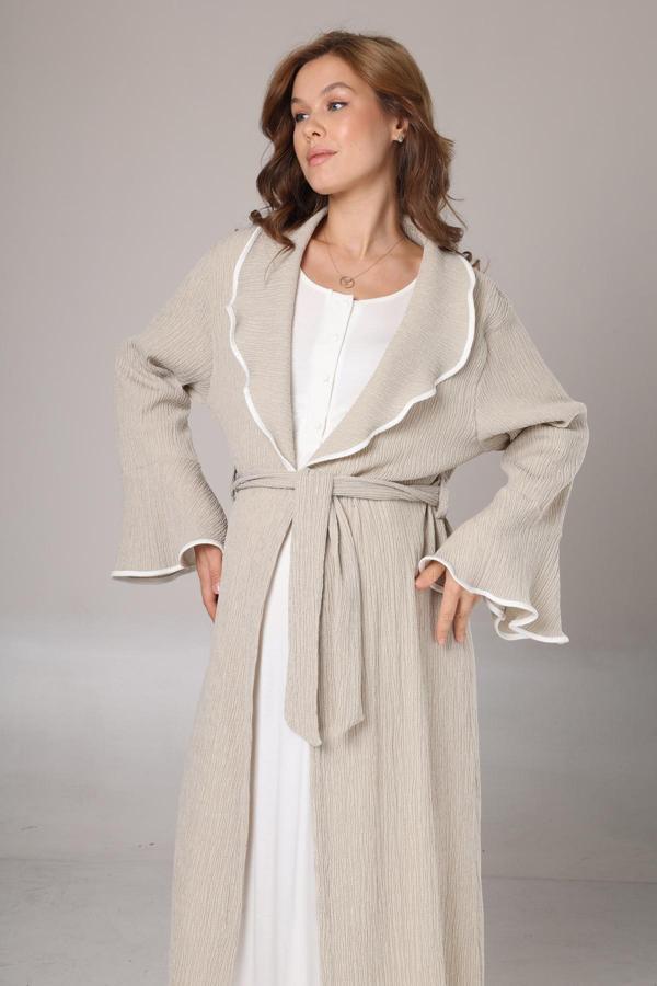 Lohusa Dünyası Kadın Mavi Melanj Şal Yaka Tam Boy Kışlık Uzun Kol Özel Tasarım Lohusa Hamile Sabahlık Gecelik Seti - Image 1