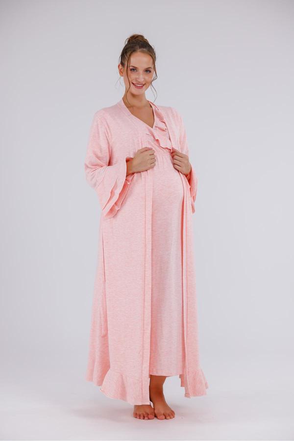 Lohusa Dünyası Kadın Kum Beji Kruvaze Lohusa Hamile Gecelik-Sabahlık 2'Li Set - Image 1