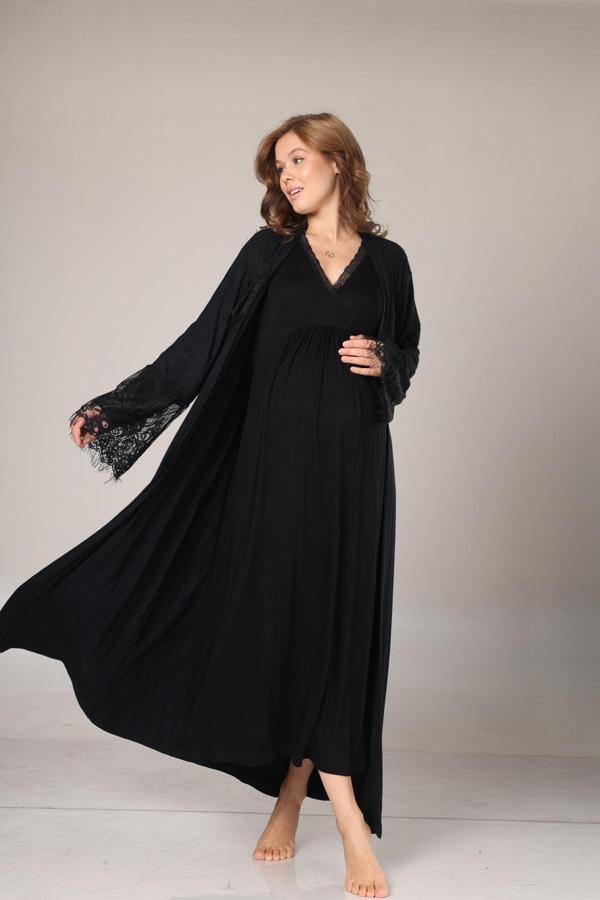 Lohusa Dünyası Kadın Siyah Dantelli Kışlık Özel Tasarım Lohusa Hamile Sabahlık Gecelik Seti - Image 1