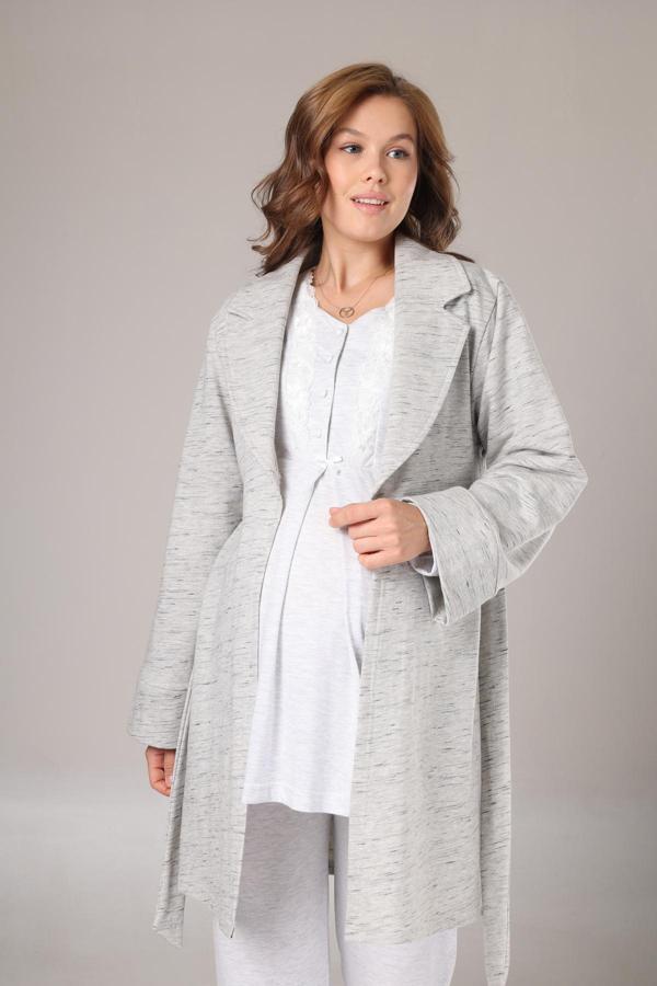 Lohusa Dünyası Kadın Şal Yaka Sabahlıklı Dantelli Lohusa Hamile 3'Lü Pijama Takım Seti - Image 1