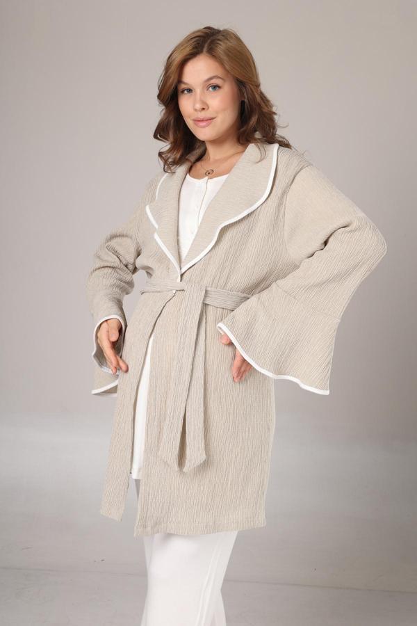 Lohusa Dünyası Kadın Bej Jakarlı Şal Yaka Dantelli Kışlık Özel Tasarım3'Lü Lohusa Hamile Sabahlık Pijama Takımı - Image 1