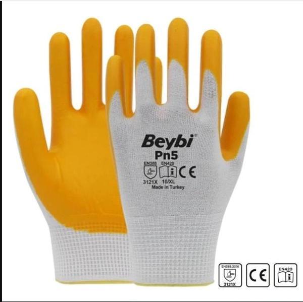 Beybi Eldiven Pn5 No:10 Nitril Sarı Beyaz Iş Eldiveni - Image 1