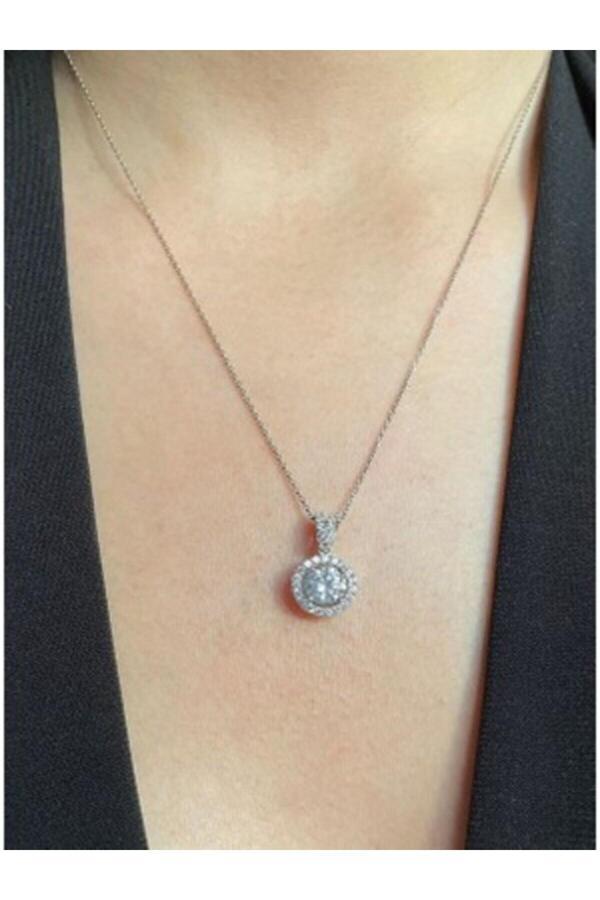 Rodos Ticaret Yuvarlak Tek Taşlı Baget Şık Paslanmaz Çelik Kolye - Image 1