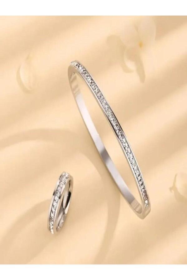 Rodos Ticaret Paslanmaz Çelik Zirkon Taşlı Su Yolu Kelepçe Bilezik Ve Yüzük Seti - Image 1