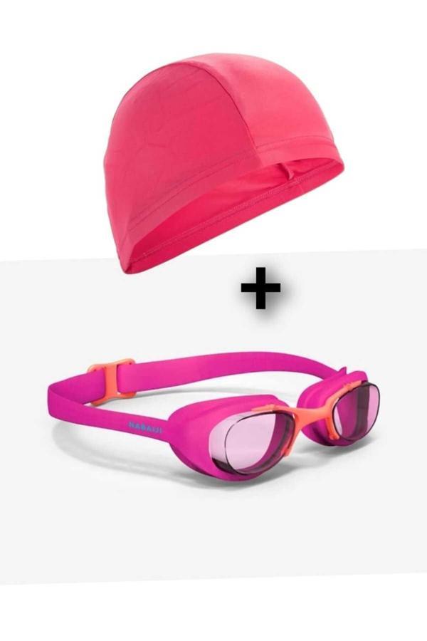 Decathlon Çocuk Yüzücü Gözlüğü - Pembe/Turuncu - Şeffaf Camlar Ve Yüzücü Bonesi M Beden - Image 1