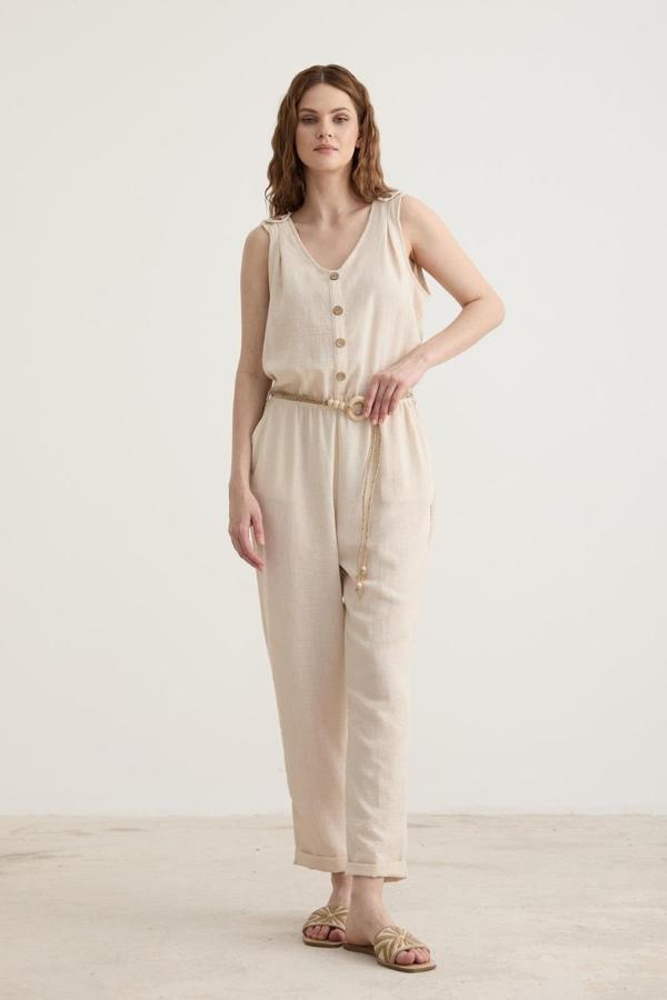 Vos Versa Kadın Kemer Detaylı Uzun Keten Taş Tulum VVK27072 - Image 1